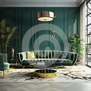 Interior of living room with green sofa 3d rendering