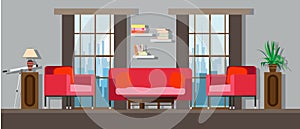 Interior living room home furniture design. Modern house apartment sofa vector. Flat bright window, table, wall decor. Illustratio