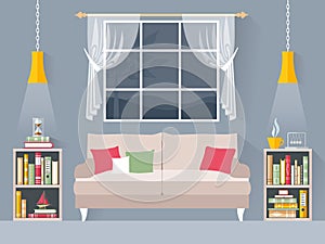 Interior living room or home library. Room for reading books. Vector