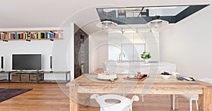 Interior of a living room with kitchen and dining area