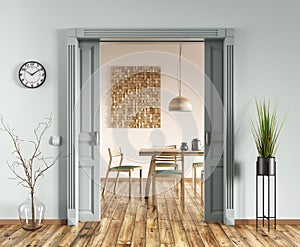 Interior of living room with light green wall and door to the modern dining room, wooden table and chair. Contemporary home design