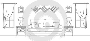 Interior of the living room in a linear style. Vector outline.