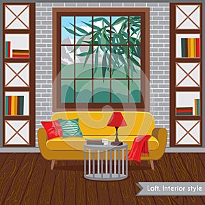 Interior living room in the loft style. Illustration in flat design with shadows. photo