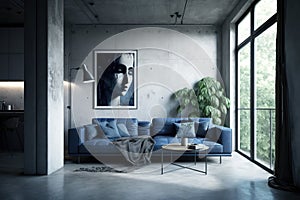 Interior of living room loft style with navy sofa with concrete wall on concrete white floor
