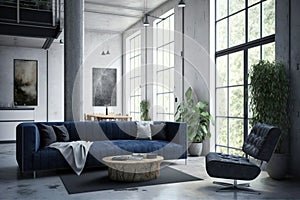 Interior of living room loft style with navy sofa with concrete wall on concrete white floor