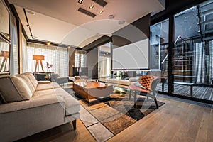 Interior of a living room in a luxury penthouse apartment