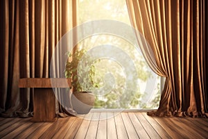 The interior of the living room with panoramic windows, brown curtains, wooden floor, coffee table and a potted houseplant.