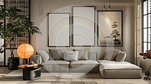 Interior of living room with picture frame mockup on wall, 3d render.