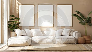 Interior of living room with picture frame mockup on wall, 3d render.