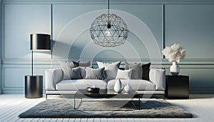 Interior living room scene. The space is defined by a soft light blue wall that contrasts with the modern gray sofa. AI Generated