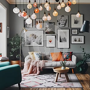 Interior of living room with sofa, coffee table and pictures on wall