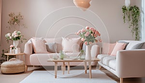 Interior of a living room with a sofa with flowers. Location for the photo shoot in pastel colours. Beautiful Living Room in Home