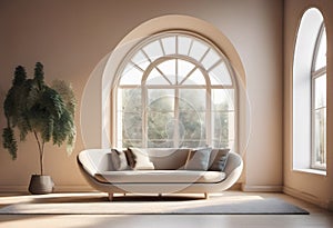 Interior of living room with sofa, window and plants.