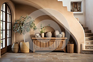 Interior of living room with stucco walls with wooden chest of drawers, vases, plants and staircase. ai generated