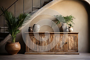 Interior of living room with stucco walls with wooden chest of drawers, vases, plants and staircase. ai generated