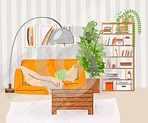 Interior of the living room. Vector flat illustration with Design of a cozy room with sofa, table, shelfs with books