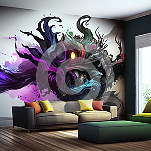 Interior Living Room wall Mockup with Leather Sofa and Decor With Wallpainting AI Generative