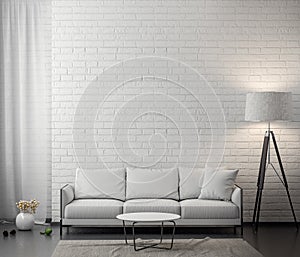 Interior of living room with white brick wall, 3D Rendering