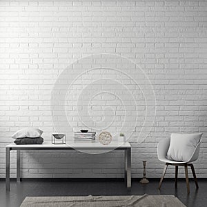 Interior of living room with white brick wall, 3D Rendering