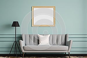 Interior of living room with white sofa and blank picture frame blue wall. 3d render, Interior mockup with picture frame on a