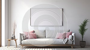 Interior living room with white walls, wooden floor and white sofa with pink cushions. Vertical mock up poster frame