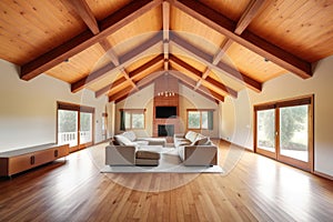 The interior of the living room in a wooden house with high ceilings and beams