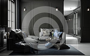 Interior living studio mock-up, black classic style, 3D rendering, 3D illustration photo