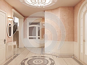 The interior of the lobby is in classical style in cream colors, with a marble pattern on the floor and access to the stairs