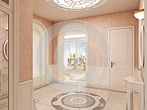 The interior of the lobby is in classical style in cream colors, with a marble pattern on the floor and access to the stairs