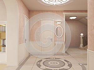 The interior of the lobby is in classical style in cream colors, with a marble pattern on the floor and access to the stairs