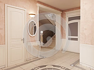 The interior of the lobby is in classical style in cream colors, with a marble pattern on the floor and access to the stairs