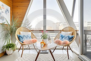 interior loft balcony, aframe, cozy furniture photo