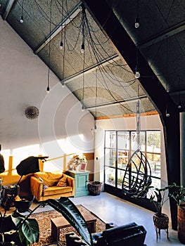 Interior of a loft. Living room with midcentury modern furniture. Concrete floor and plants. Mustard yellow chair