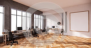 interior loft style, Computer and office tools on desk in room concrete and white brick wall design. 3D rendering