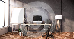 Interior loft style, Computer and office tools on desk in room concrete and white brick wall design. 3D rendering