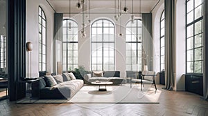 Interior in loft style of modern living room in house, villa, hotel. Minimalism, light furniture, panoramic windows
