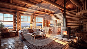 Interior of a log cabin. Cozy living space with fireplace. Generative AI.