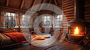 Interior of a log cabin. Cozy living space with fireplace. Generative AI.