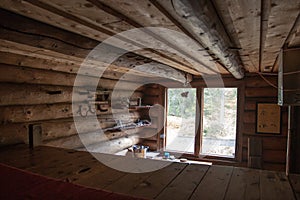 Interior of Log Cabin in Taiga Forest