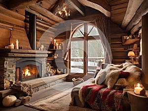 Interior of a log house in the mountains