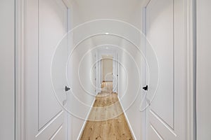 Interior of long narrow hallway with closed doors, wooden floor and white walls in apartment designed in minimal style