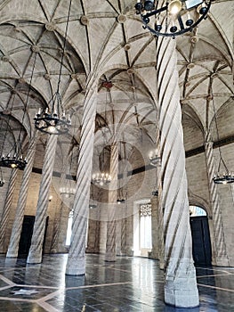 Interior of the Lonja de la Seda `Silk Exchange` in Valencia.