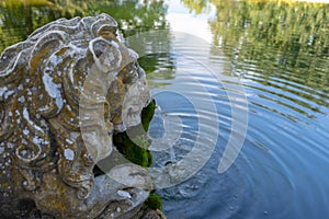 interior of the Lumiar garden in Lisbon. Monteiro-mor botanical park. lake with water fountain in the shape of a lion's head.