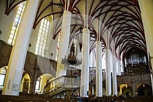 Interior of Lutheran St. Thomas Church Thomaskirche in Leipzig, Germany. November 2019