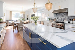 Interior of luxurious modern classic kitchen with dining area. White and blue cabinets with gilded handles, kitchen