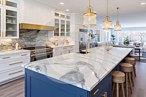 Interior of luxurious modern classic kitchen with dining area. White and blue cabinets with gilded handles, kitchen