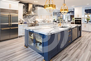 Interior of luxurious modern classic kitchen with dining area. White and blue cabinets with gilded handles, kitchen