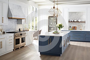 Interior of luxurious modern classic kitchen with dining area. White and blue cabinets with gilded handles, kitchen