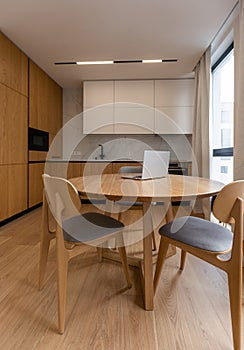 Interior of luxurious modern kitchen equipment, grey and oak cabinets