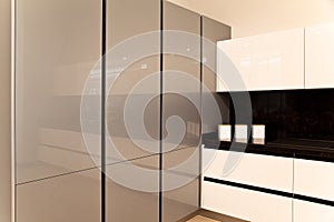 Interior of luxurious modern kitchen white grey cabinets